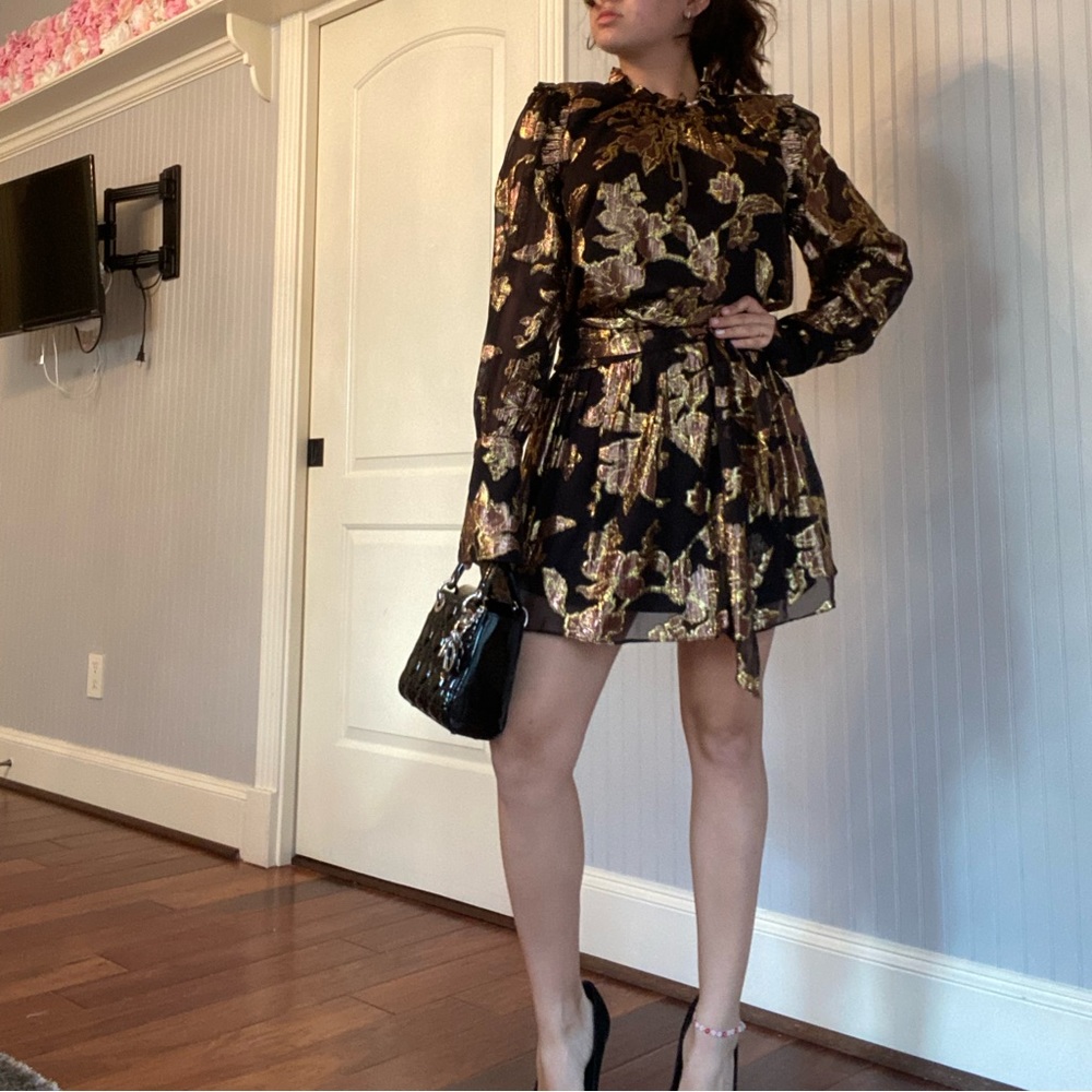 Ramy  Brook Mini black with gold dress with sleeves
